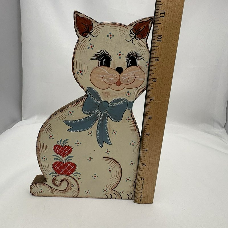 Vintage Folk Art Hand Painted Wood Cat Doorstop Cottagecore Farmhouse