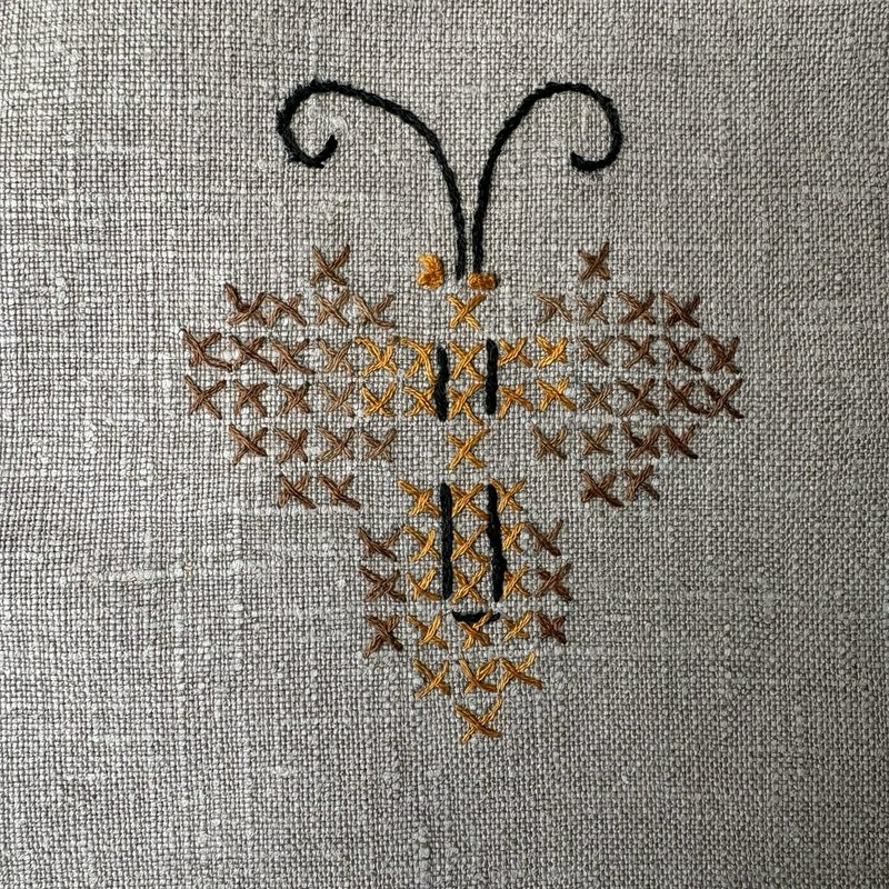Vintage Linen Table Runner Bee Embroidery Cross Stitch Farmhouse 42x14