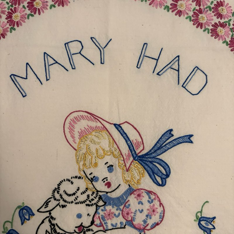 Vintage Feedsack Style Linen Mary Had Little Lamb Embroidered Panel 58x37