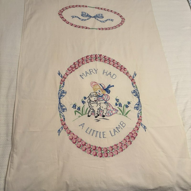 Vintage Feedsack Style Linen Mary Had Little Lamb Embroidered Panel 58x37