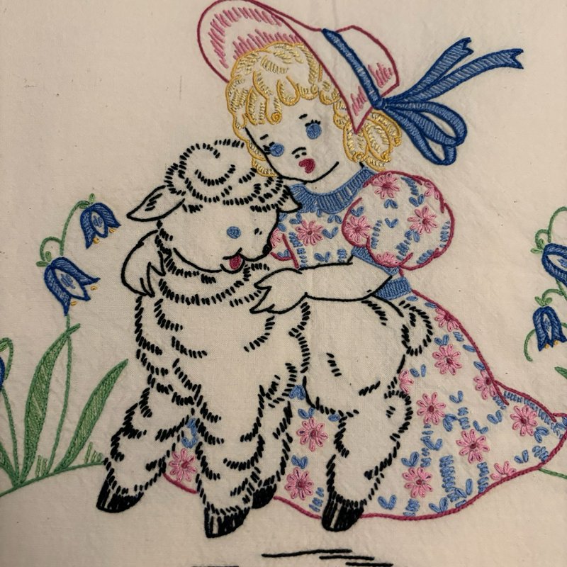 Vintage Feedsack Style Linen Mary Had Little Lamb Embroidered Panel 58x37