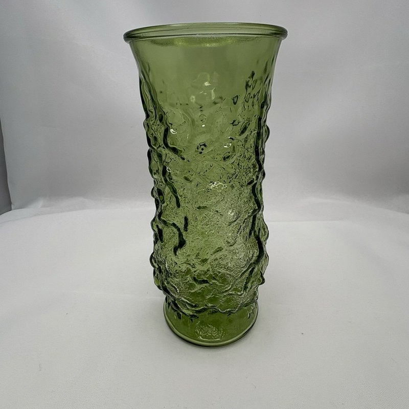 E.O. Brody Green Crinkle Glass Vase 9” Mid Century Modern