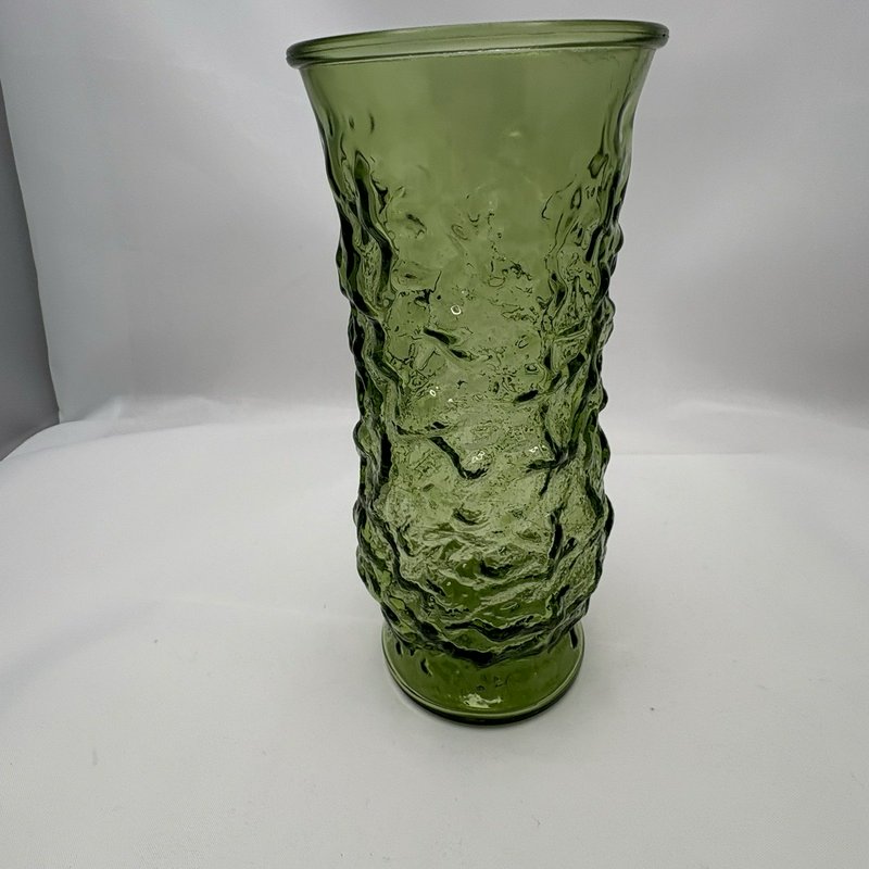 E.O. Brody Green Crinkle Glass Vase 9” Mid Century Modern