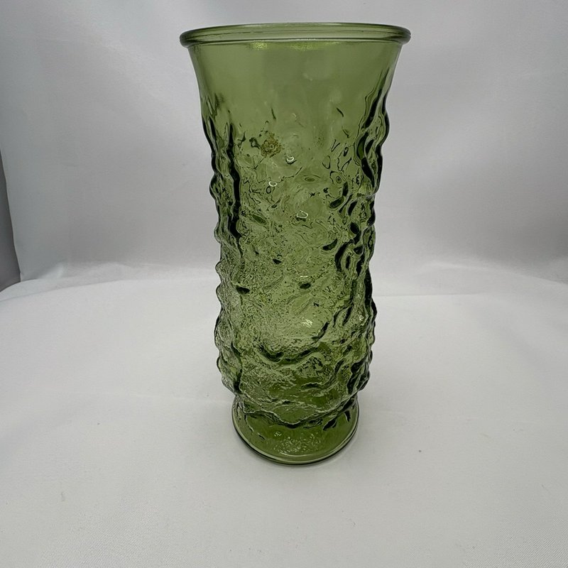E.O. Brody Green Crinkle Glass Vase 9” Mid Century Modern