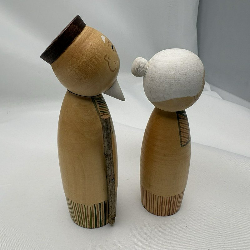 Vintage Japanese Kokeshi Elderly Couple Grandma Grandpa Doll Pair Marked