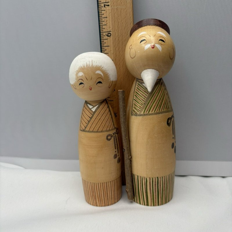Vintage Japanese Kokeshi Elderly Couple Grandma Grandpa Doll Pair Marked