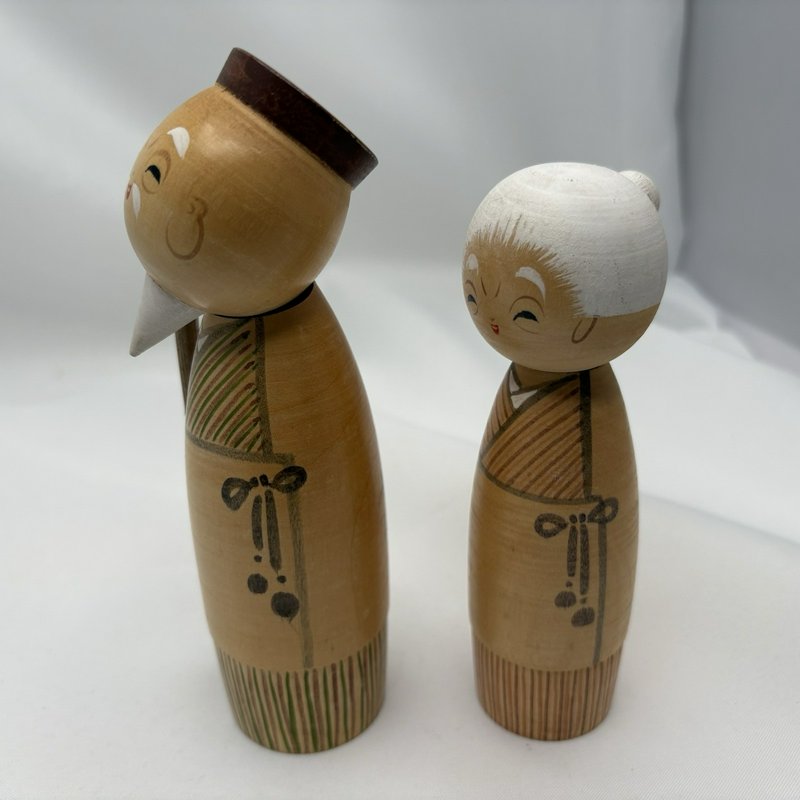 Vintage Japanese Kokeshi Elderly Couple Grandma Grandpa Doll Pair Marked