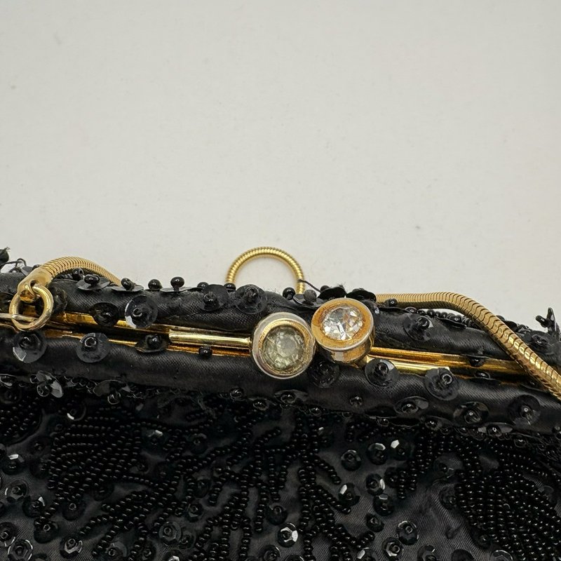 Vintage Fortune Black Beaded Evening Purse Hong Kong Satin Kiss Lock Bag