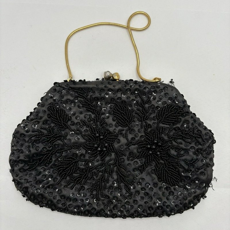 Vintage Fortune Black Beaded Evening Purse Hong Kong Satin Kiss Lock Bag