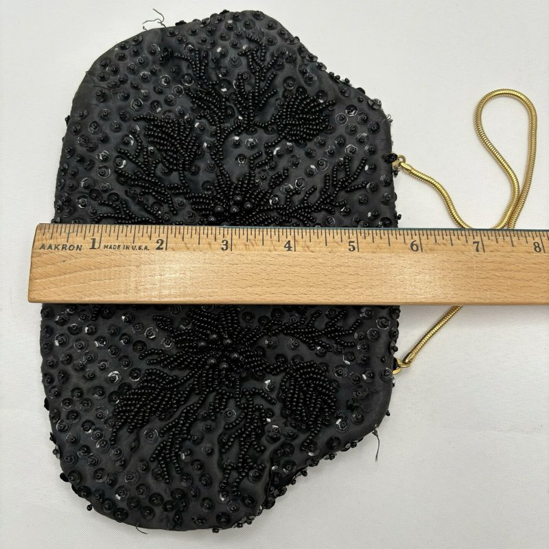 Vintage Fortune Black Beaded Evening Purse Hong Kong Satin Kiss Lock Bag