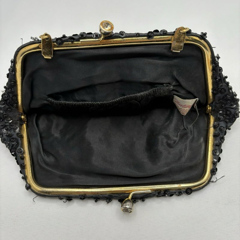 Vintage Fortune Black Beaded Evening Purse Hong Kong Satin Kiss Lock Bag