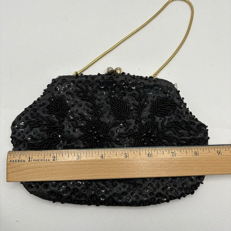 Vintage Fortune Black Beaded Evening Purse Hong Kong Satin Kiss Lock Bag