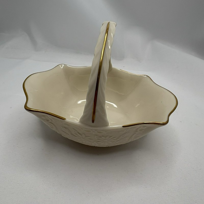 Vintage Lenox Ivory Gold Trim Handled Basket Embossed Candy Dish USA