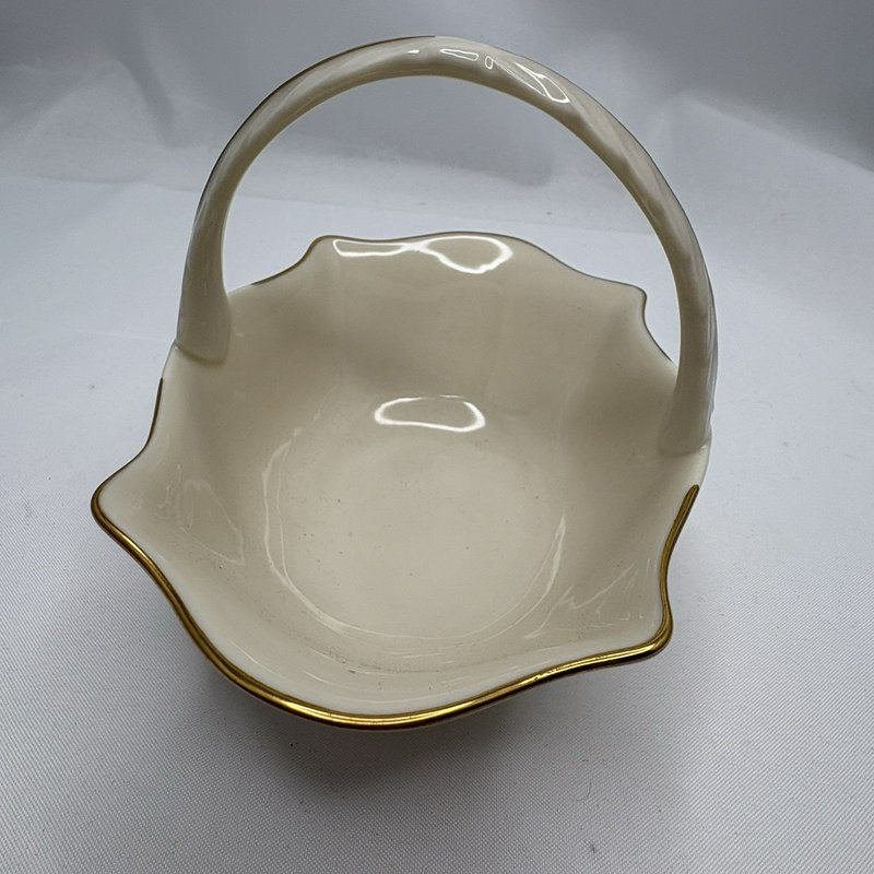 Vintage Lenox Ivory Gold Trim Handled Basket Embossed Candy Dish USA