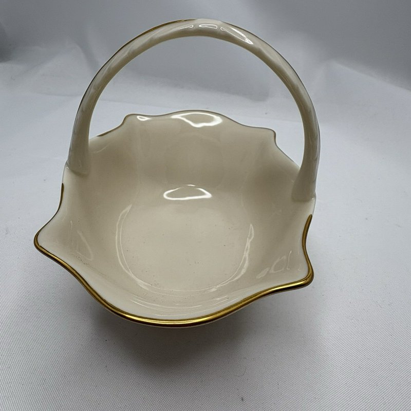 Vintage Lenox Ivory Gold Trim Handled Basket Embossed Candy Dish USA