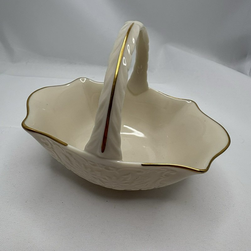 Vintage Lenox Ivory Gold Trim Handled Basket Embossed Candy Dish USA