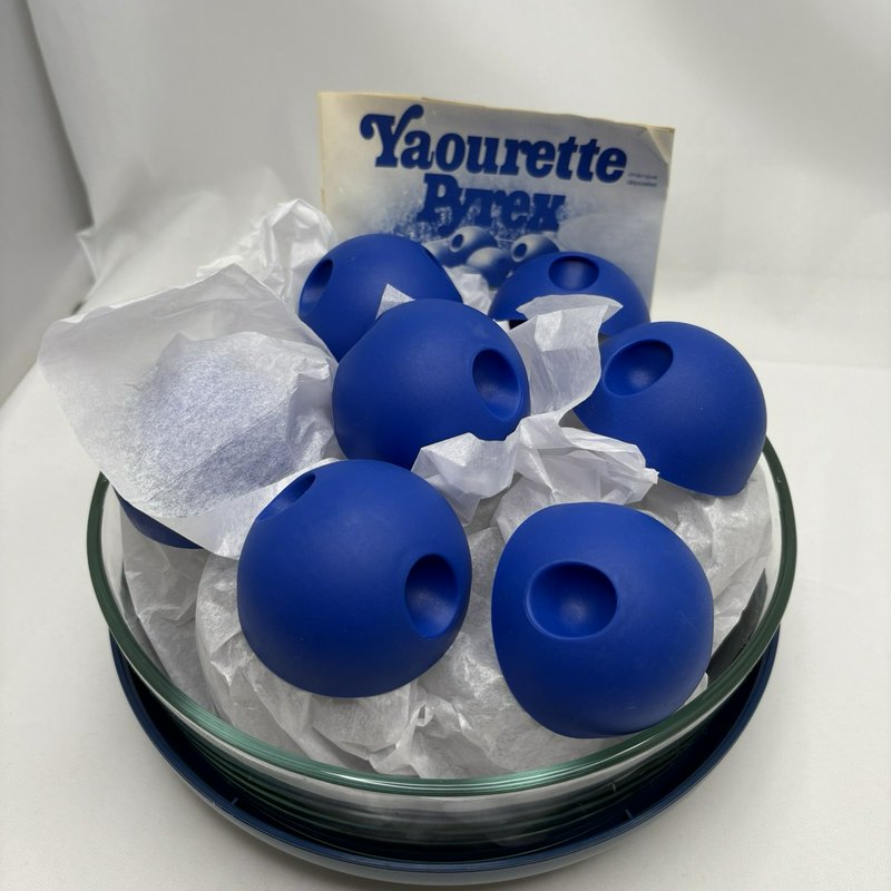Vintage Pyrex "Yaourette" Yogurt Maker Set Glass Bowl w/ 7 Jars Blue Lids France