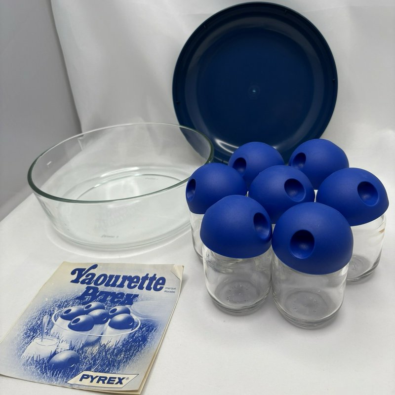 Vintage Pyrex "Yaourette" Yogurt Maker Set Glass Bowl w/ 7 Jars Blue Lids France