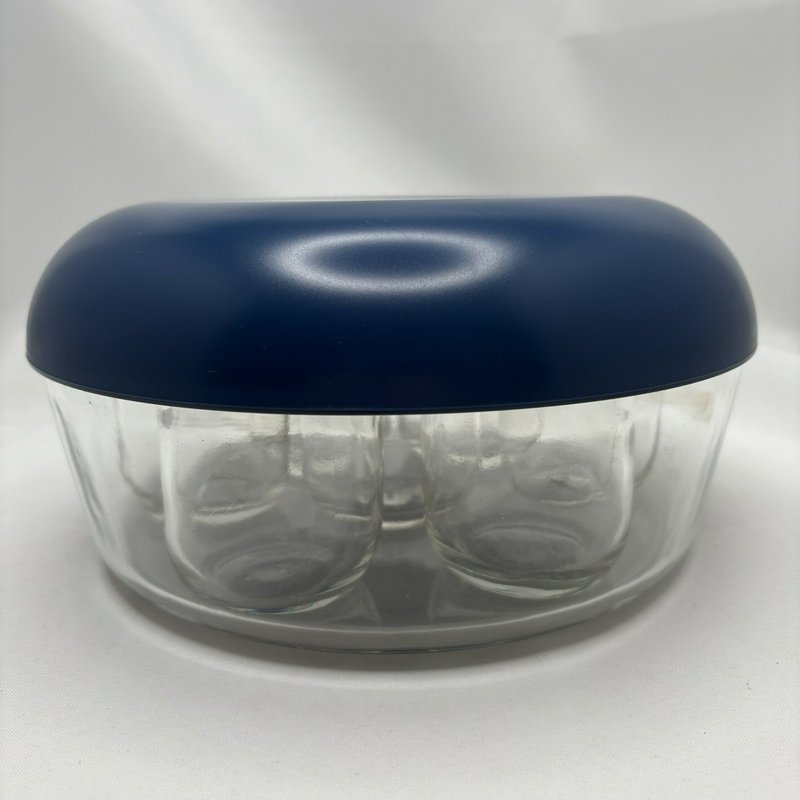 Vintage Pyrex "Yaourette" Yogurt Maker Set Glass Bowl w/ 7 Jars Blue Lids France