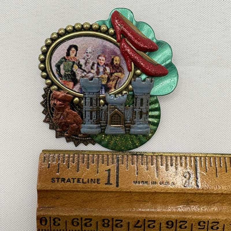 Vintage Montage Designs Wizard of Oz Brooch Pin Ruby Slippers Lion Castle