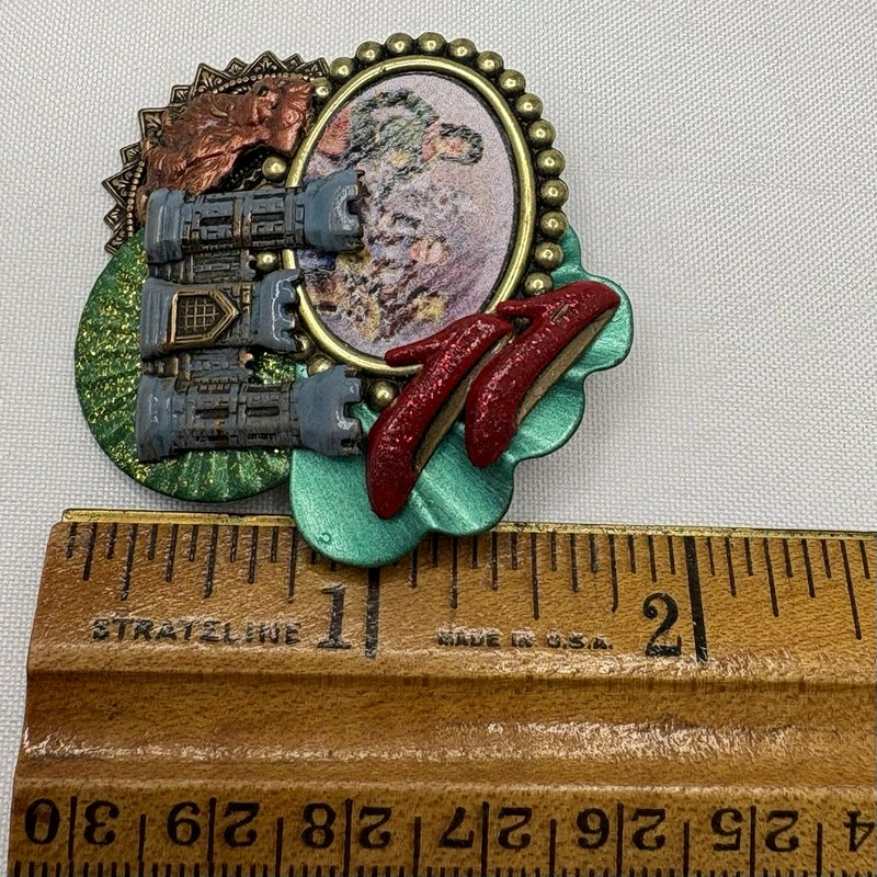Vintage Montage Designs Wizard of Oz Brooch Pin Ruby Slippers Lion Castle