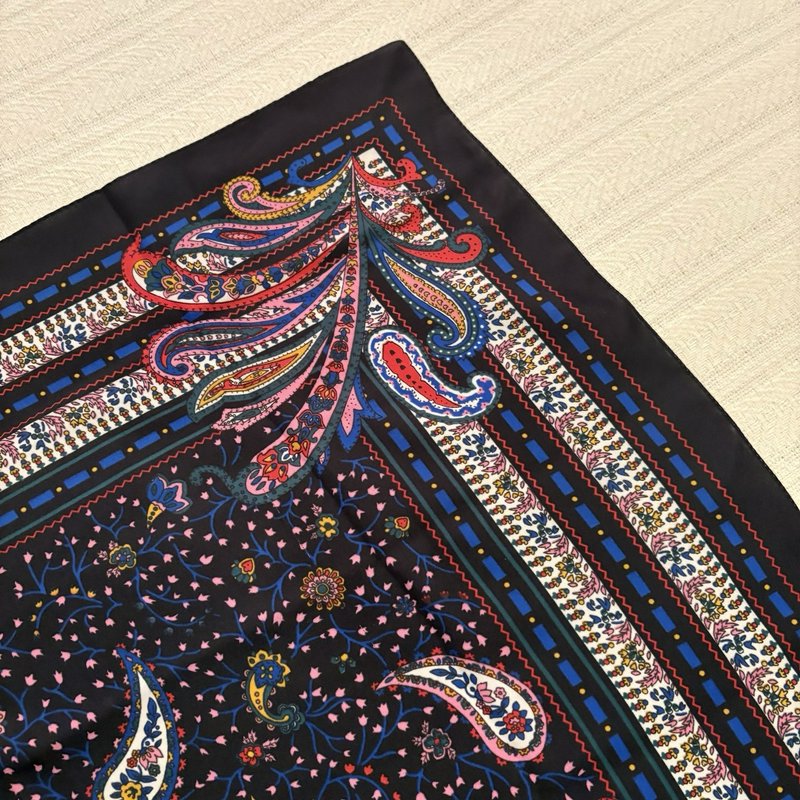 Vintage Italian Paisley Scarf Navy Pink Blue Floral Square 30x30 Made Italy