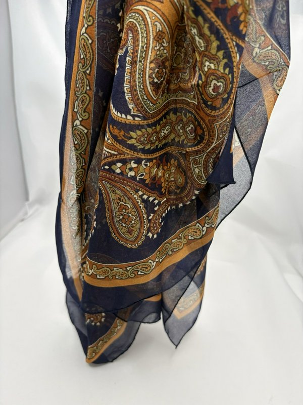 Vintage Berkshire Italy Sheer Scarf 51x51 Navy Paisley Floral Square w Gold Clip