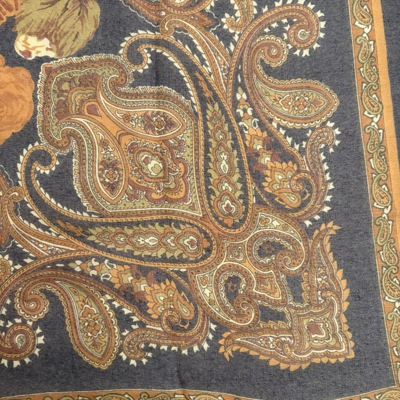 Vintage Berkshire Italy Sheer Scarf 51x51 Navy Paisley Floral Square w Gold Clip