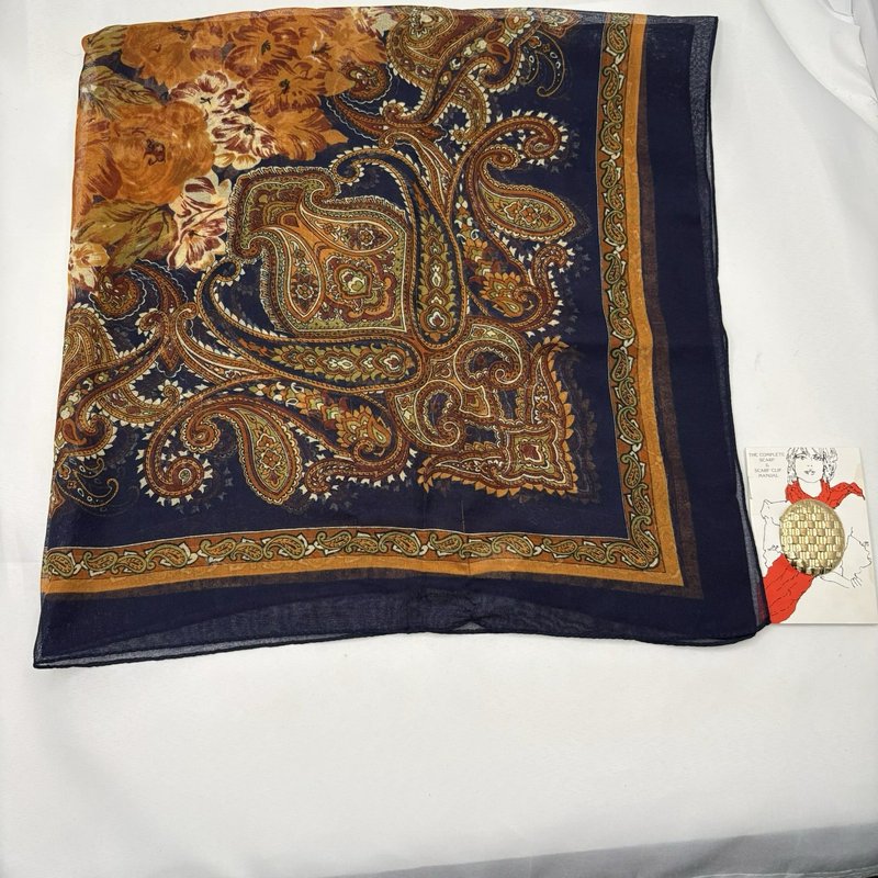 Vintage Berkshire Italy Sheer Scarf 51x51 Navy Paisley Floral Square w Gold Clip
