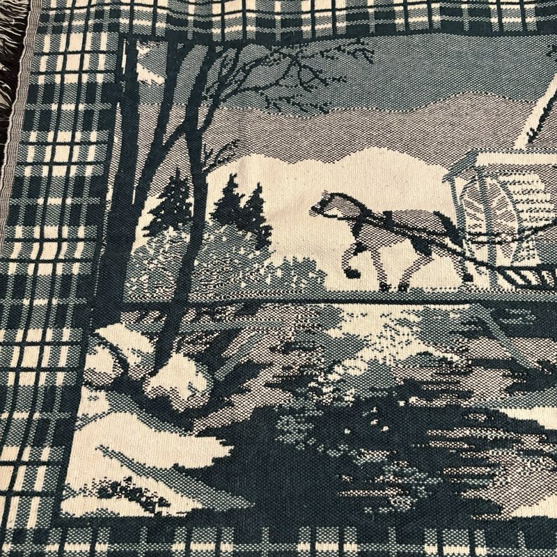 Vintage Winter Sleigh Ride Woven Tapestry Throw Accent Rug Wall Hanging 43x26.5