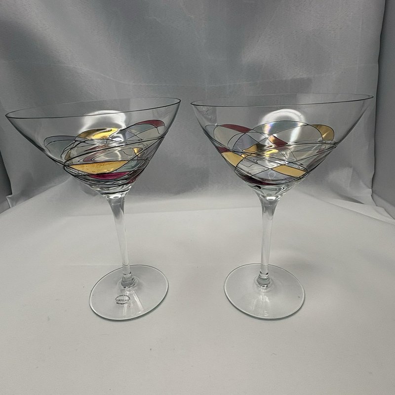 Euroglass Romania Hand Painted Martini Glasses Set 2 Mosaic Art Glass 7.5”