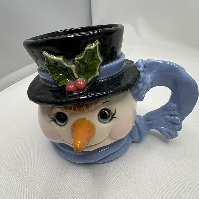 Signed Rae '99 Snowman Face Mugs Pair Handmade Art Pottery Christmas Cups