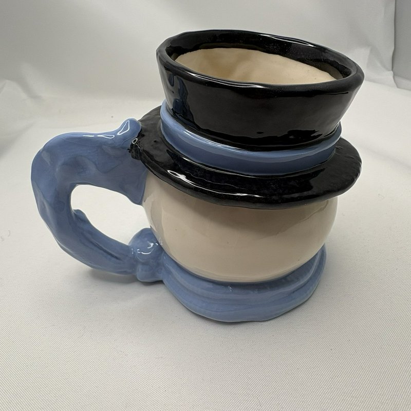 Signed Rae '99 Snowman Face Mugs Pair Handmade Art Pottery Christmas Cups
