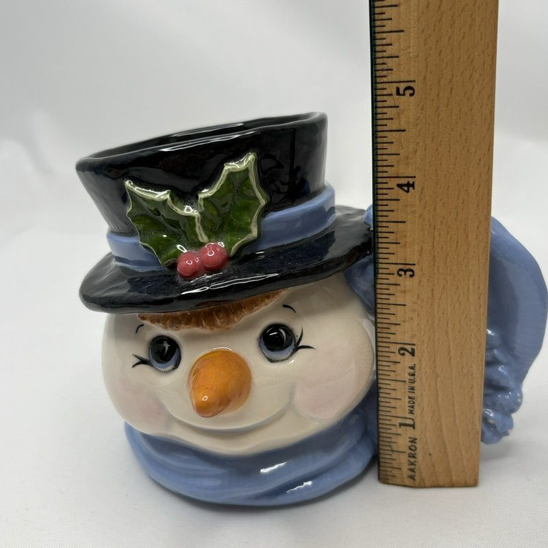 Signed Rae '99 Snowman Face Mugs Pair Handmade Art Pottery Christmas Cups