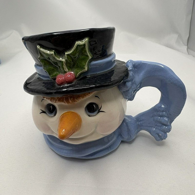 Signed Rae '99 Snowman Face Mugs Pair Handmade Art Pottery Christmas Cups