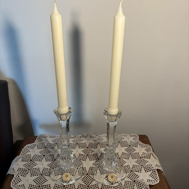 Sullivans 24% PbO Lead Crystal Candlestick Holders Pair Handmade Poland 8”
