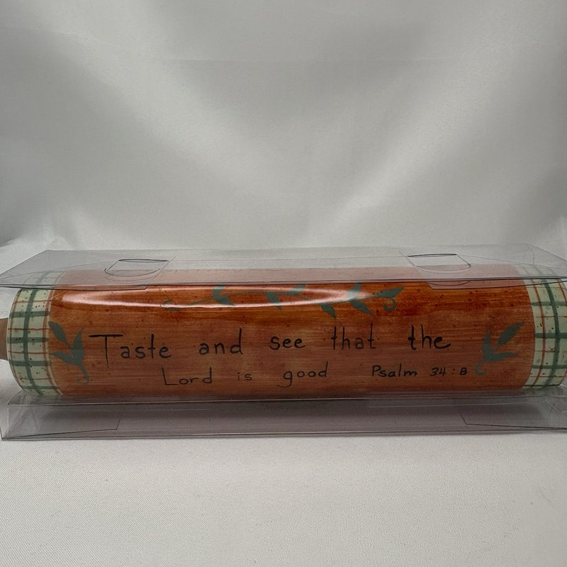 CounterArt Ceramic Rolling Pin Psalm 34:8 Scripture Wood Handles