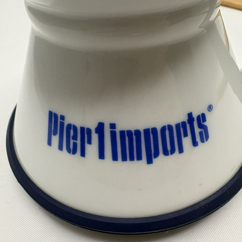 Pier 1 Imports White Ceramic Coffee Mug Blue Logo Large Cup Advertising Promo