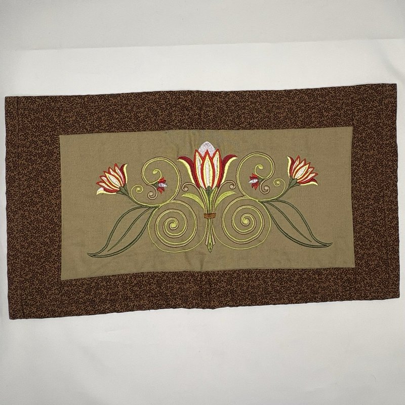 Handmade Quilted Table Runner Embroidered Floral Tulip Brown Tan 10.5" x 19”