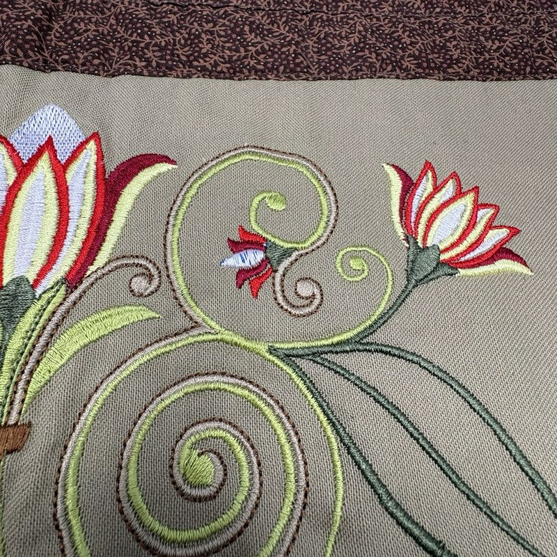 Handmade Quilted Table Runner Embroidered Floral Tulip Brown Tan 10.5" x 19”