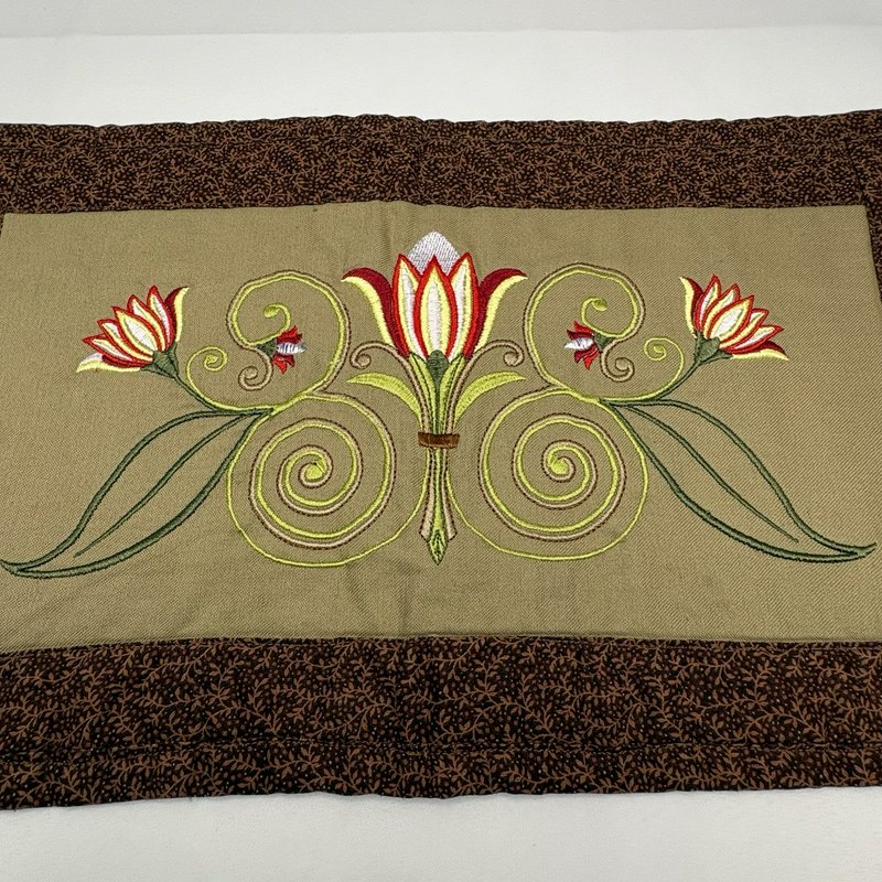 Handmade Quilted Table Runner Embroidered Floral Tulip Brown Tan 10.5" x 19”
