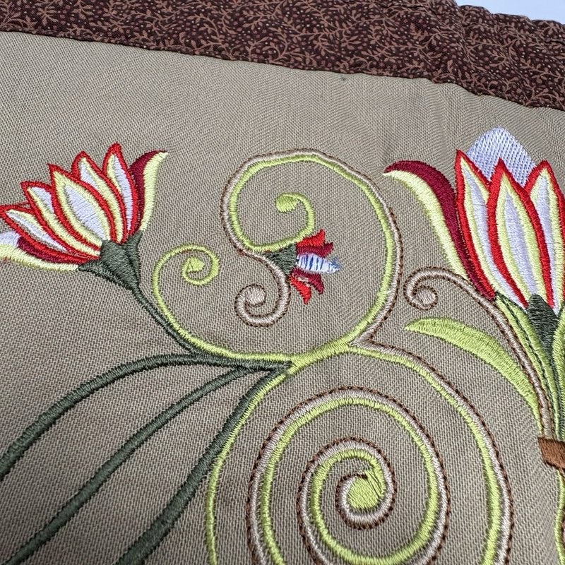 Handmade Quilted Table Runner Embroidered Floral Tulip Brown Tan 10.5" x 19”