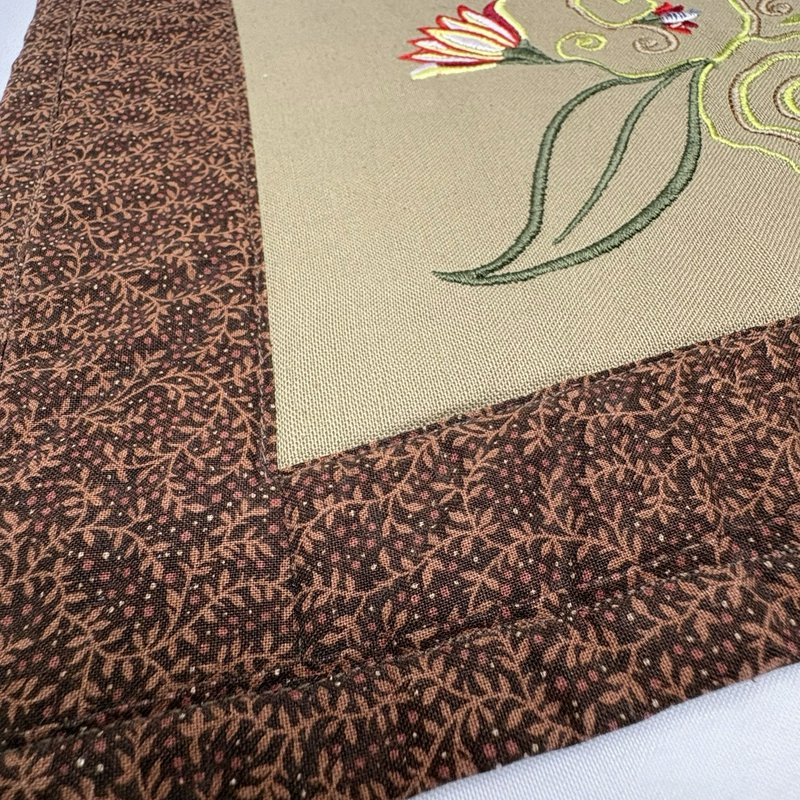 Handmade Quilted Table Runner Embroidered Floral Tulip Brown Tan 10.5" x 19”