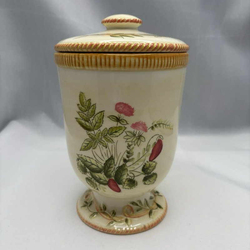 American Atelier Herbal Earthenware 5480 Pedestal Lidded Canister Jar 8” Ceramic