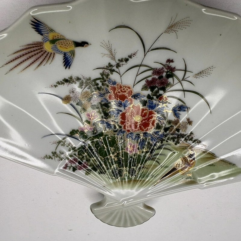 Vintage Meito Japan Fan Shaped Porcelain Dish Pheasants Floral Gold Trim