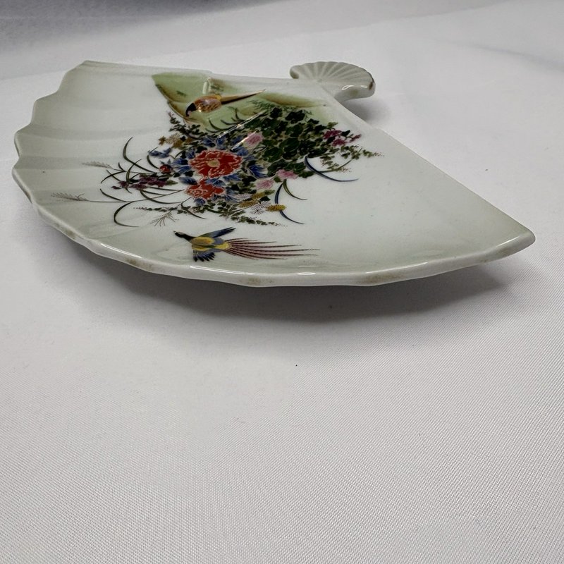 Vintage Meito Japan Fan Shaped Porcelain Dish Pheasants Floral Gold Trim