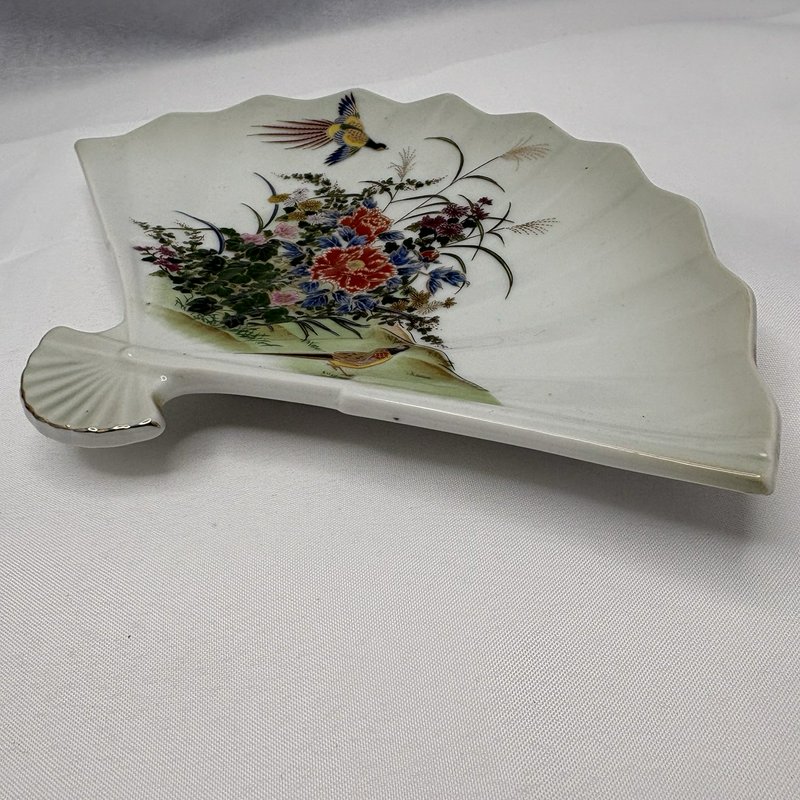 Vintage Meito Japan Fan Shaped Porcelain Dish Pheasants Floral Gold Trim