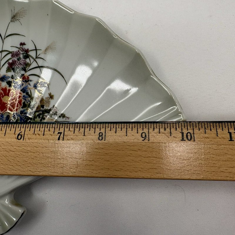 Vintage Meito Japan Fan Shaped Porcelain Dish Pheasants Floral Gold Trim