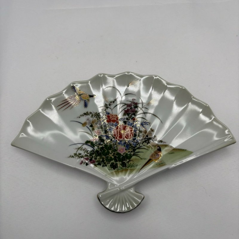 Vintage Meito Japan Fan Shaped Porcelain Dish Pheasants Floral Gold Trim