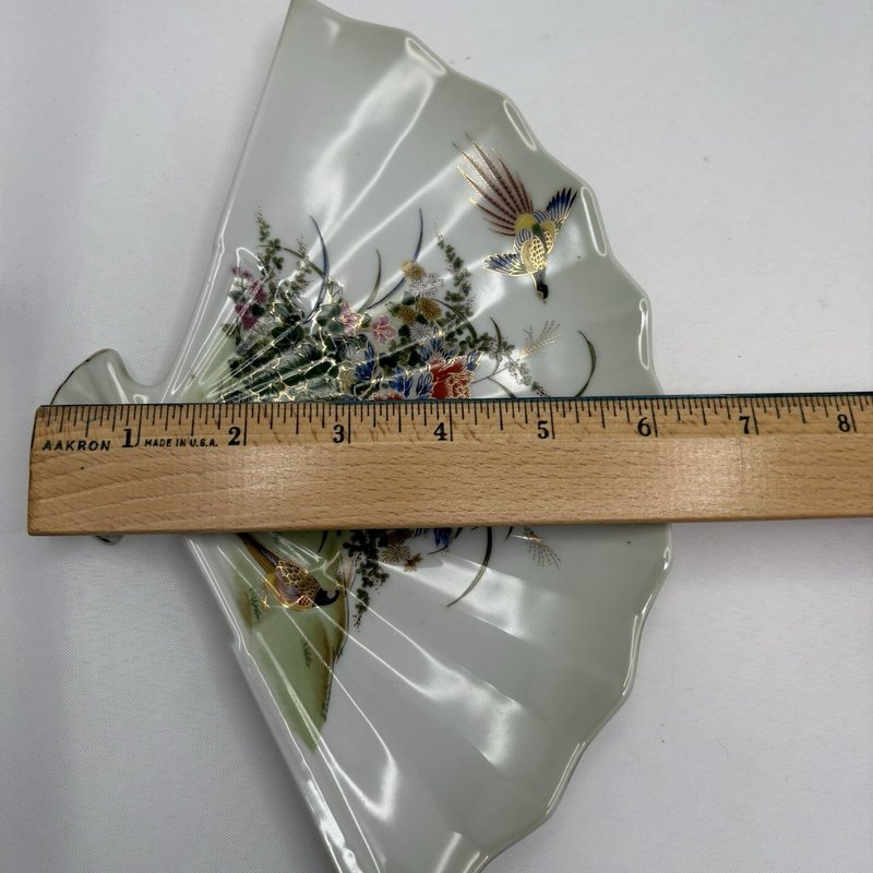 Vintage Meito Japan Fan Shaped Porcelain Dish Pheasants Floral Gold Trim